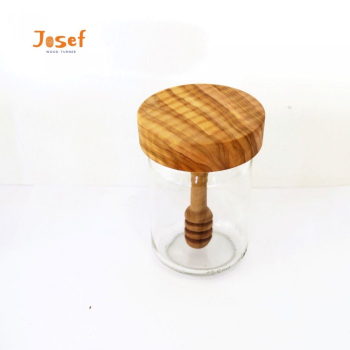 JOSEF Wood Turner - Γυάλινο βάζο μελιού με Χειροποίητο Ξύλινο Καπάκι και Ενσωματωμένο Μελόξυλο